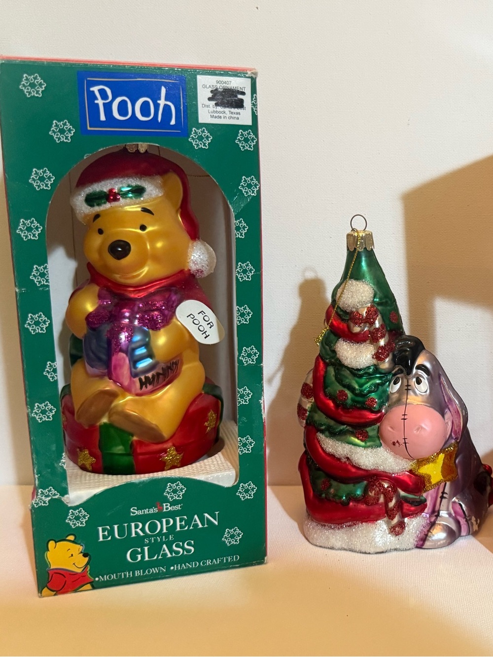 VTG Santas Best Pooh European Style Glass Eeyore & Pooh Christmas Ornament 1997